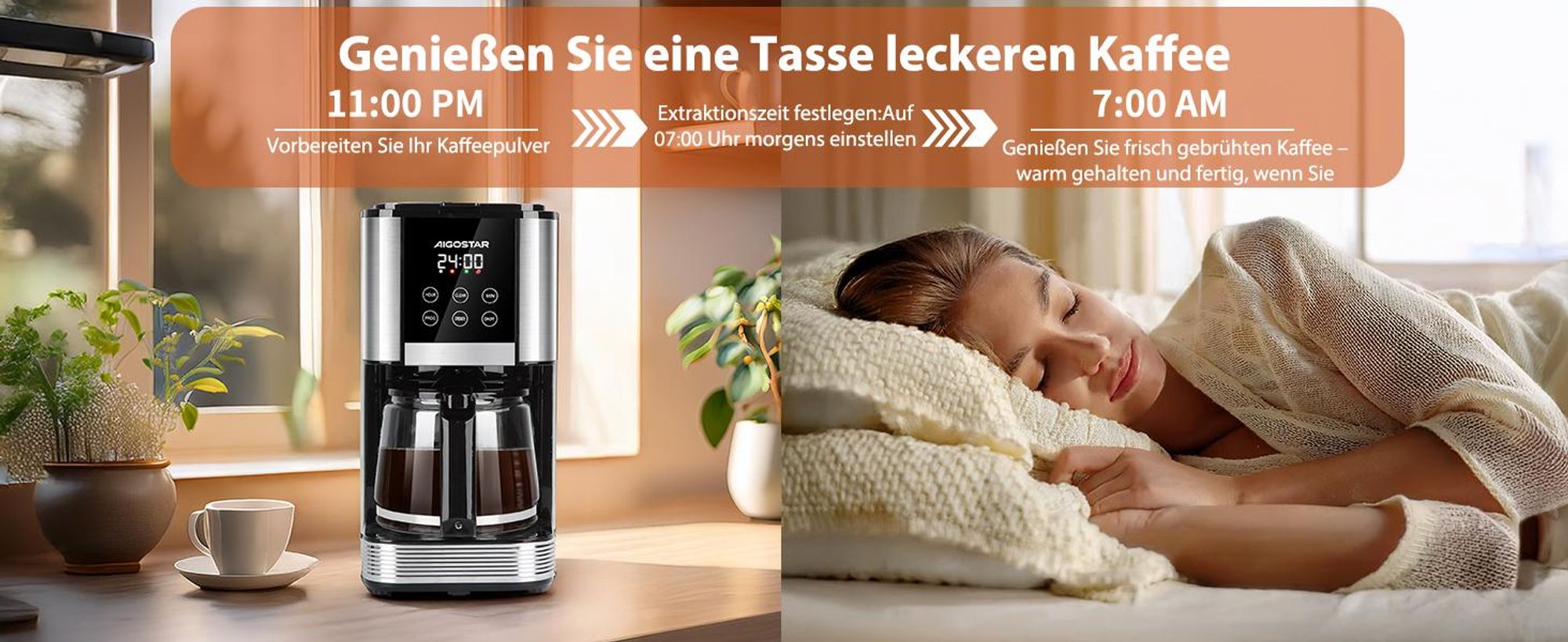 Aigostar - Programmierbar Edelstahl Filterkaffeemaschine, 24h, 1,5L, 1000W, LCD-Display, 14-Tassen