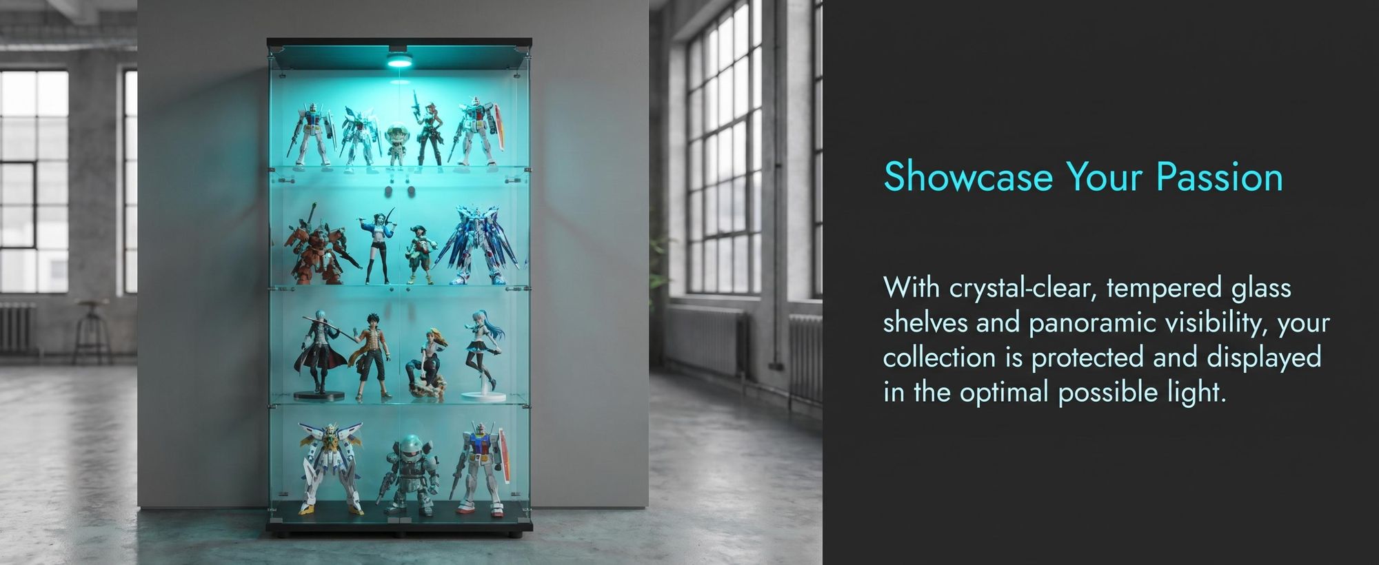 INONEFT Glasvitrine Standvitrine mit LED und Schloss – Glas-Holzvitrine, 4-stufige Vitrinenschrank für Sammlerstücke, 36,49 x 80,49 x 163,9 cm,Schwarz