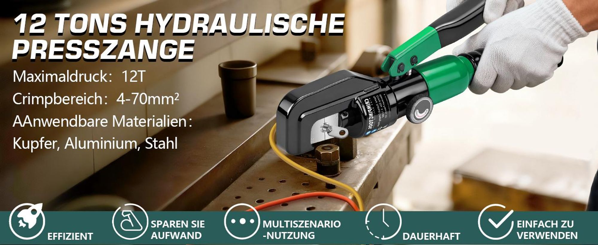 12T/120KN Hydraulische Crimpzange 4–70mm² mit 9 Crimpeinsätzen, Kabelschere und Werkzeugkasten, Drahtmesser für Haushalt, Auto, Industrie, Grün
