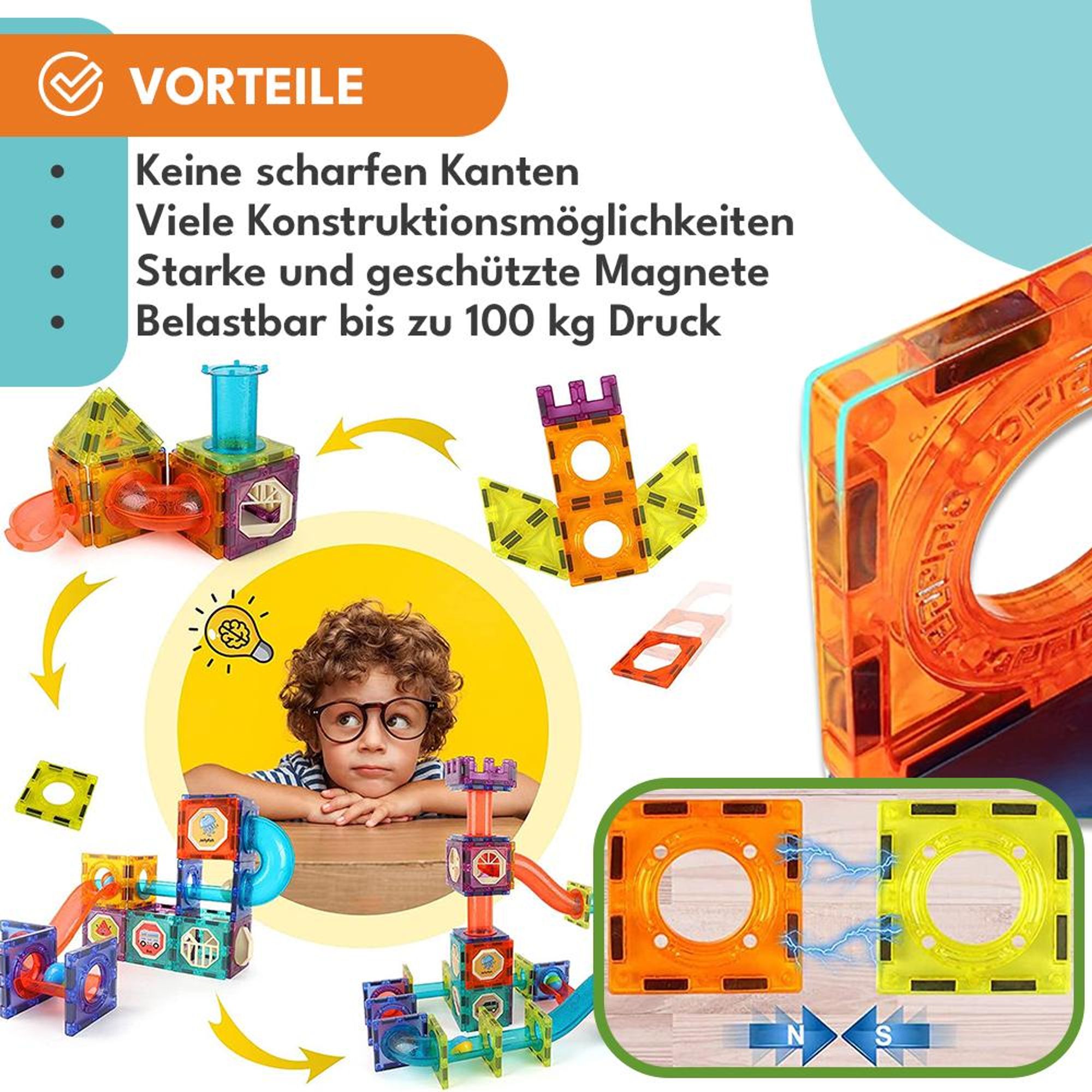 KRUMAD Magnetische Bausteine 75 Teile - Magnetspielzeug mit Licht & Kugelbahn für Kinder ab 3 Jahren - Stabile Magnetkonstruktion, leuchtende Elemente