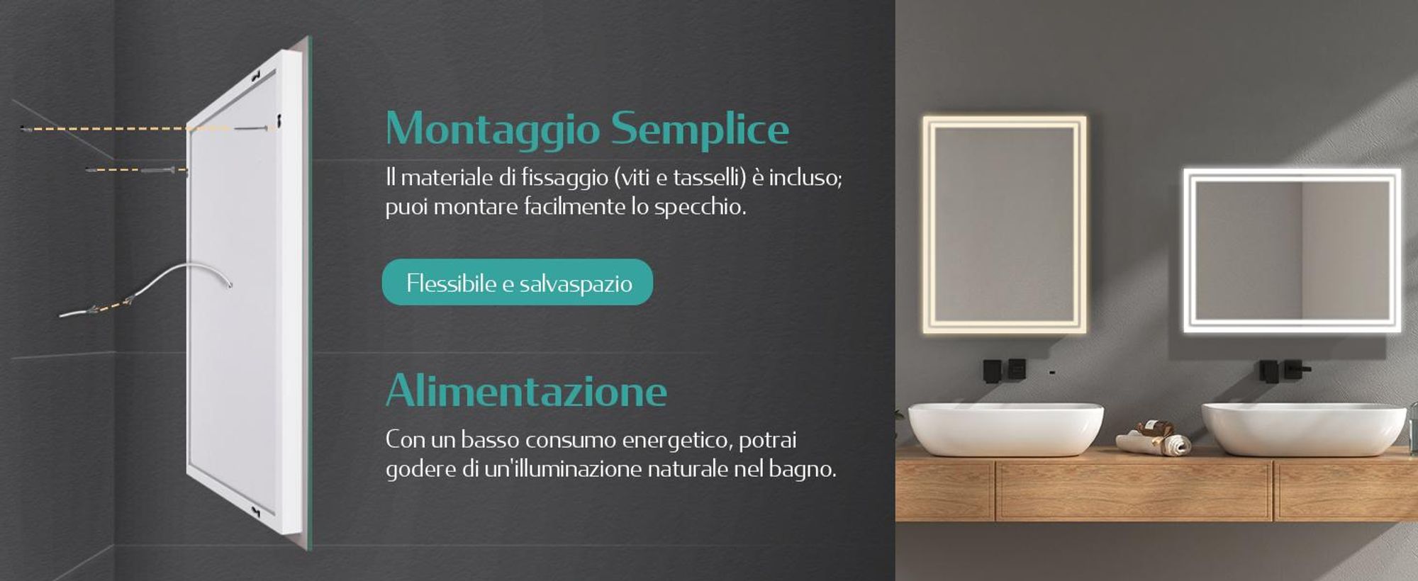 Specchio da bagno EMKE LED con illuminazione 40X60 cm antiappannamento, specchio da parete Specchio da bagno con interruttore meccanico, colori della luce 3000K/6500K, IP44