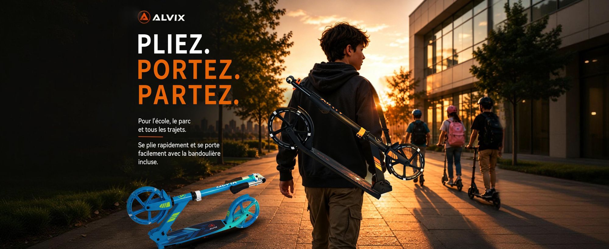 Trottinette pliable avec bandoulière, facile à transporter pour l’école, le parc et tous les trajets