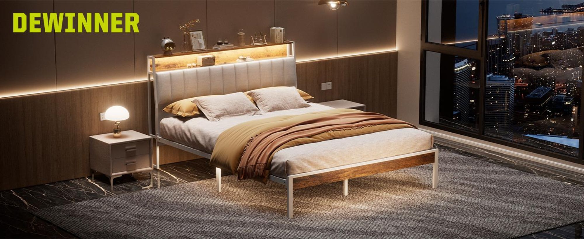 DEWINNER Bettrahmen, 140 x 200, mit Metallgestell, 2-Personen-Bett, mit LED-Beleuchtung und Mehrfachsteckdosen (1 Steckdose, 2 USB-Anschlüsse)
