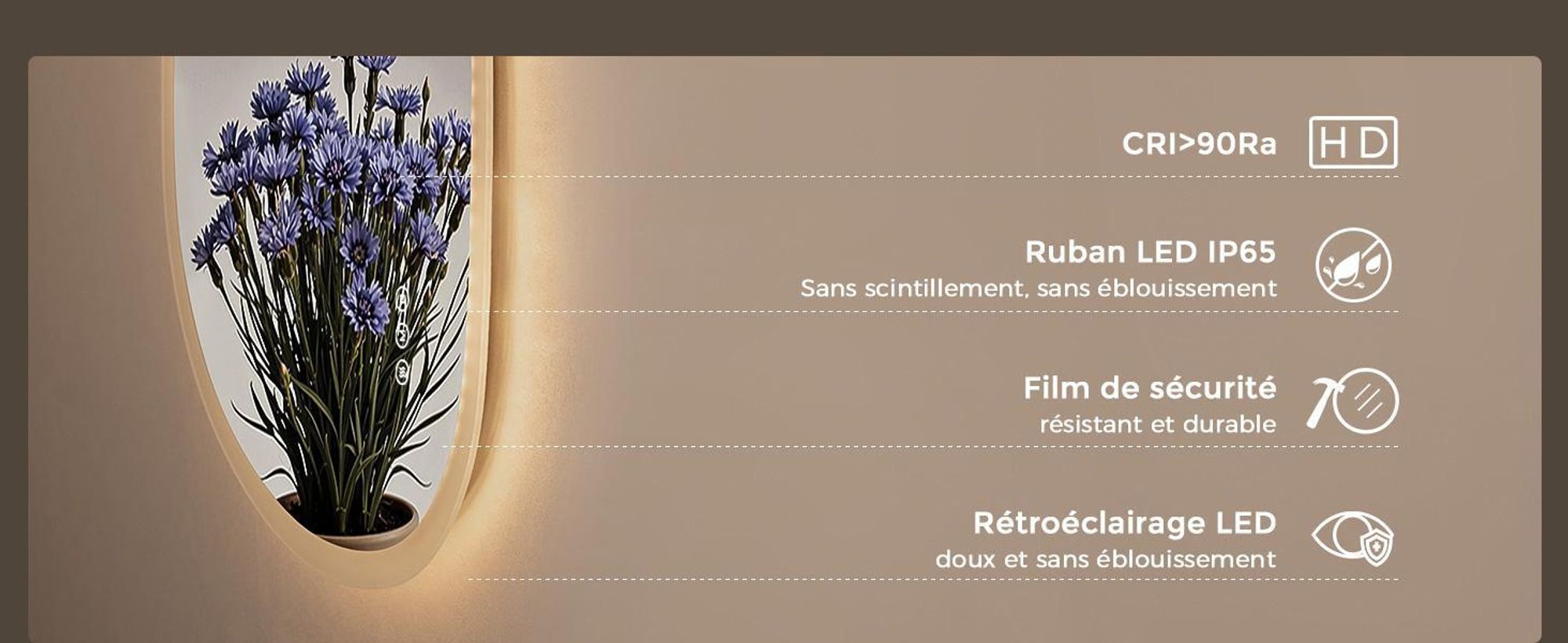 Miroir de salle de bain LED S'AFIELINA, dimensions 50x70 cm, asymétrique, sans cadre, avec variateur d'intensité, 3 couleurs de lumière, fonction anti-buée, mémoire, miroir mural pour salle de bain